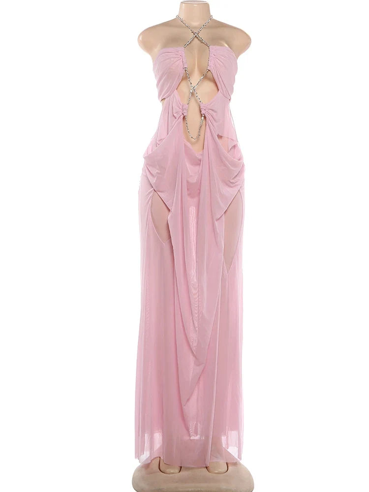Prom Party Gown Dress Woman Sexy See Through Luxury Chain Halter Low-Neck Backless Sleeveless Midnight Elegant Vestidos