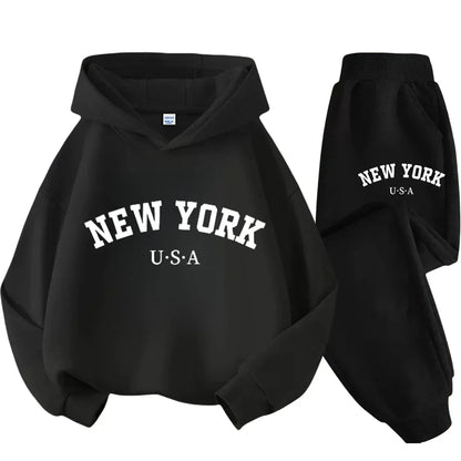 Children Hoodie Set Autumn Winter New York USA Letter Graphic Sweatshirt Pant Suit Baby Boy Girl Kid Sport Two Pieces Tracksuit
