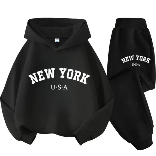 Children Hoodie Set Autumn Winter New York USA Letter Graphic Sweatshirt Pant Suit Baby Boy Girl Kid Sport Two Pieces Tracksuit