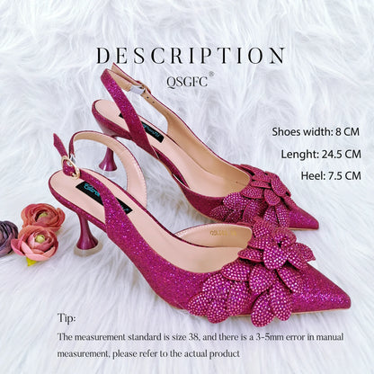 New Sky Blue Satin Handmade Flowers Shoes And Bag African Women's Banquet Pointed Toe Heels Matching Shoes And Bag Wedding Party