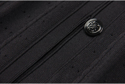 Three Color High-quality New Fashionable Elastic Knitted Hollow Round Neck Single Breasted Short Sleeved Slim Fit Women's Dress