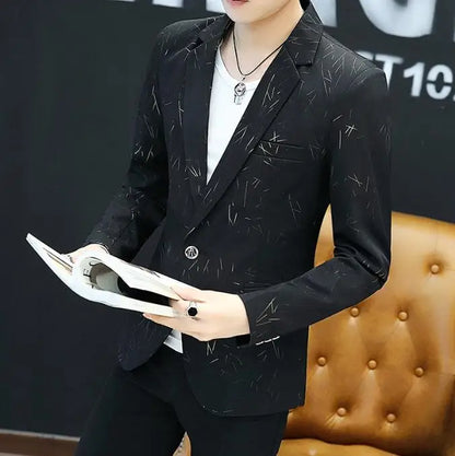 Autumn 2024 New Men's Fashion Print Men Casual Business Blazer Mens Slim Suit Jacket White Male Thin Coat