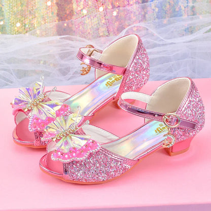 Women's girls' fashionable crystal bow high heels, student princess shoes