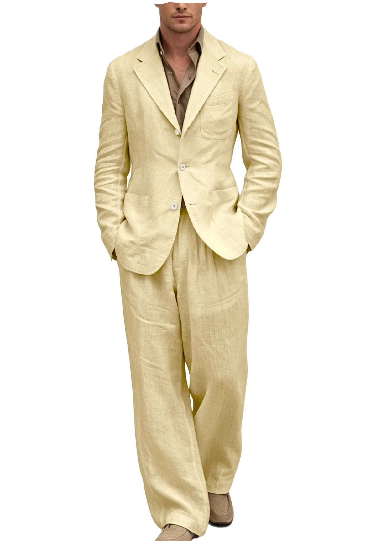 Men's Linen Suit 2 Pieces Set Casual Blazer & Wide Leg Pants Notch Lapel Breathable Wedding Business Party Jacket Tuxedo Summer