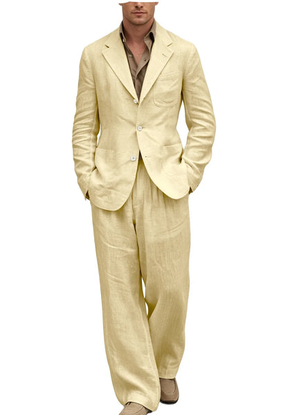 Men's Linen Suit 2 Pieces Set Casual Blazer & Wide Leg Pants Notch Lapel Breathable Wedding Business Party Jacket Tuxedo Summer