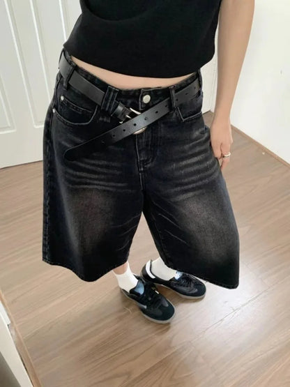 2026 Y2k Retro Women Low Rise Jorts Brushed Black Wash Cropped Baggy Jeans Wide Leg Frayed Denim Short Pants Fashion