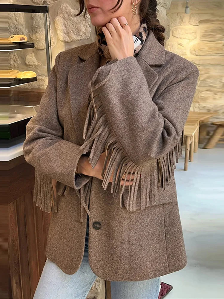 Tassels Woolen Suit Jacket Women Elegant Turn-down Collar Long Sleeve Single Breasted Pocket Autumn Winter Coats New Outerwears