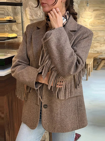 Tassels Woolen Suit Jacket Women Elegant Turn-down Collar Long Sleeve Single Breasted Pocket Autumn Winter Coats New Outerwears