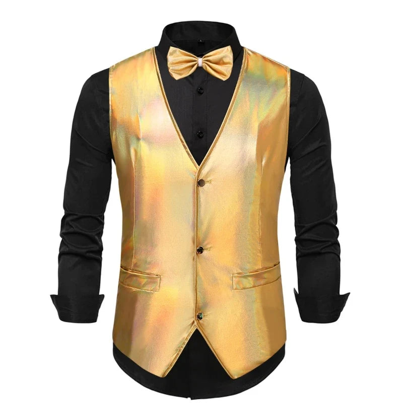 2025 New Gold, Silver, Pink, Purple Disco Glitter Vest for Men, Six Color Bright Men's Waistcoat with Bow Tie, Eur Size S-2XL