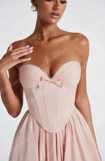 Pink Simple Strapless Prom Gowns Sweetheart Backless Satin A-Line Tea Length Birthday Evening Dress Vestidos De Festa Customized