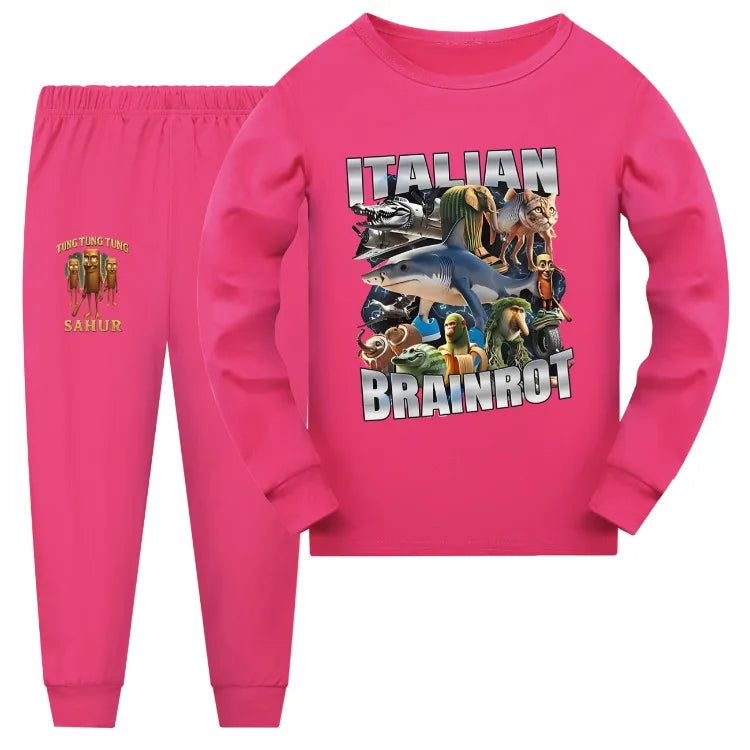 Italian Brainrot Meme Clothes Kids Cartoon Tung Sahur Pajama Sets Boys Long Sleeve Tops Legging 2pcs Set Girls Casual Sleepwear