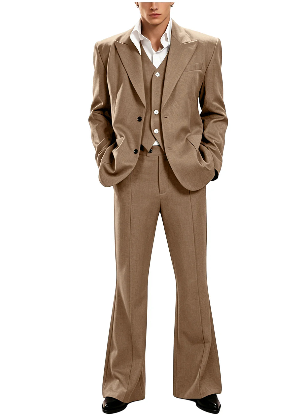 Vintage Men's 3 Piece Suit Set Peak Lapel Slim Fit 2 Button Double Breasted Blazer Vest Flared Pants for Formal Business Wedding