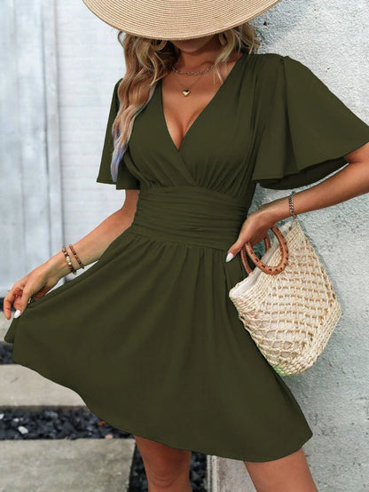 2025 New Summer Deep V-Neck Smocked Ruffled Sleeves Bodycon Dress Women French Retro Style Solid Color Short Long Midi Maxi Dres