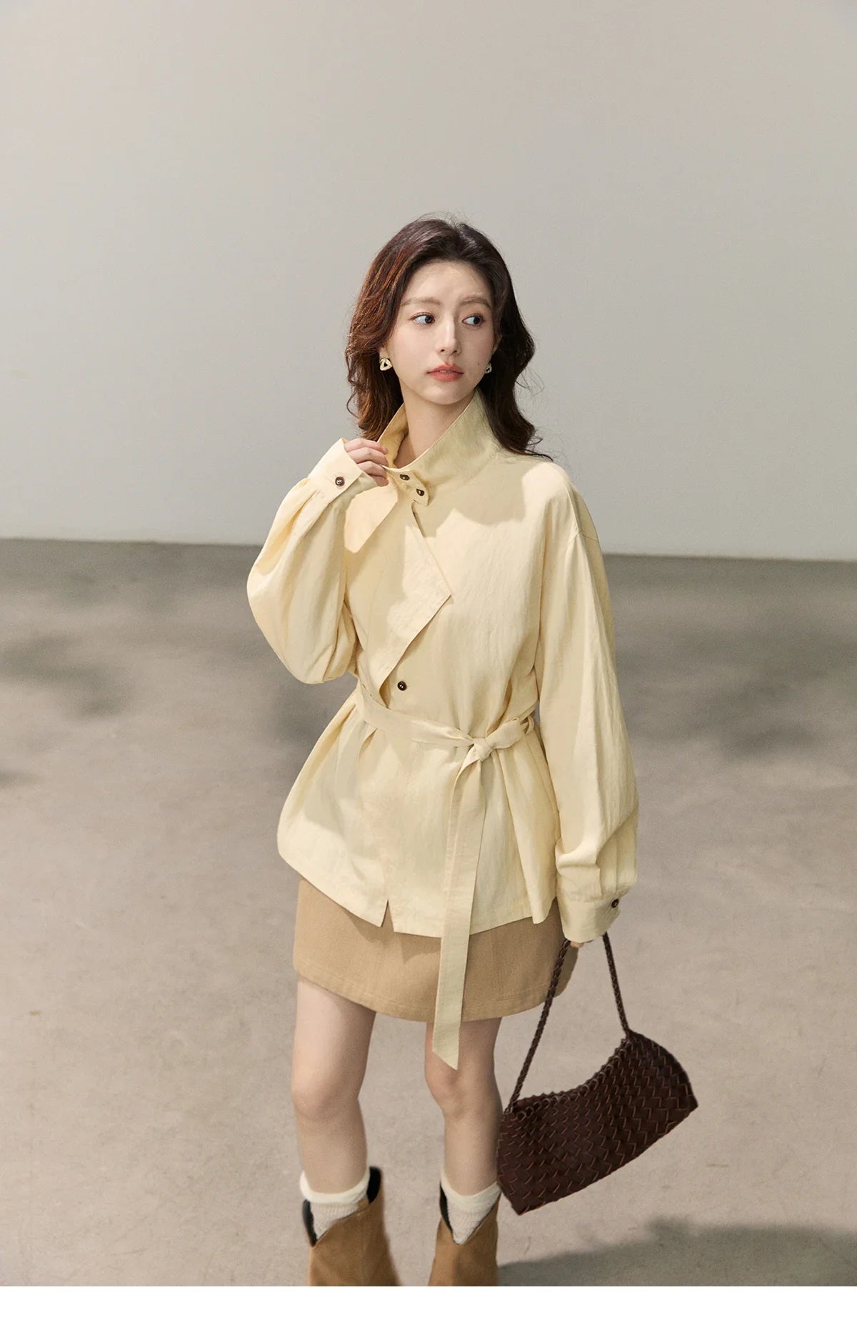 Women's Stand Collar Long Sleeve Shirts Spring Belted Waist Asymmetric Button Tops Casual Loose Solid Shirt MXF13C2459