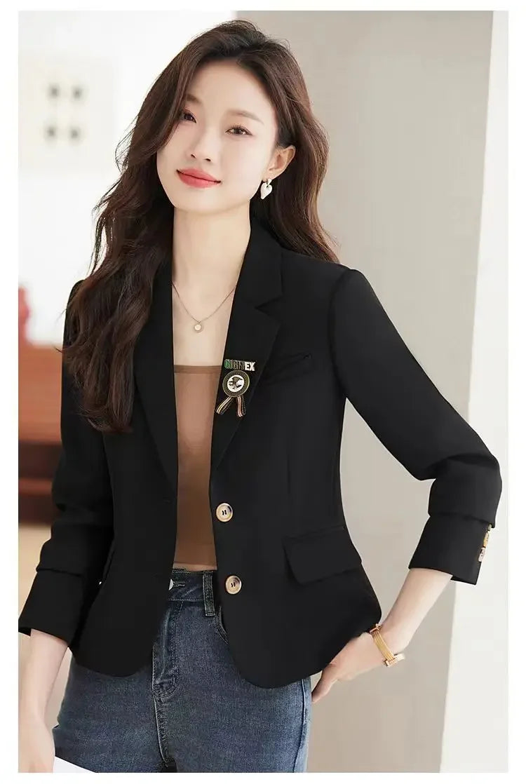 Caramel Short Suit Jacket Women's Casual High-Waisted 2025 New Spring Autumn Short Style Upper Body Fashion Polyester Fiber