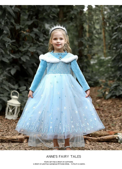 Girls' Spring 2026 New Velvet Elsa Frozen Princess Dress Kids Blue Cape 2 Piece Set Warm Dresses For Girl Party 3-9 Years Old ﻿