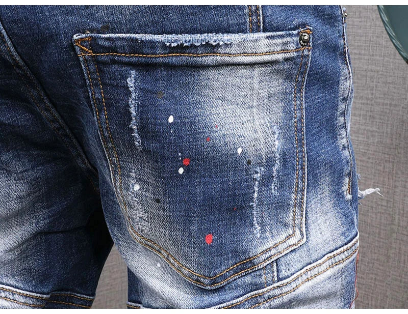 Fashion Streetwear Men Jeans Retro Black Blue Elastic Slim Fit Ripped Jeans Men Spliced Designer Embroidery Hip Hop Denim Pants