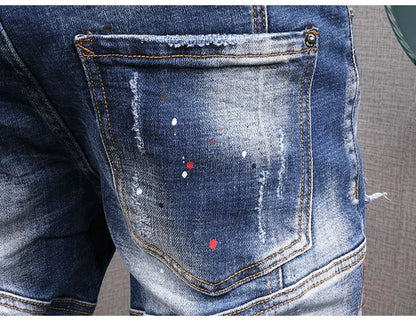Fashion Streetwear Men Jeans Retro Black Blue Elastic Slim Fit Ripped Jeans Men Spliced Designer Embroidery Hip Hop Denim Pants