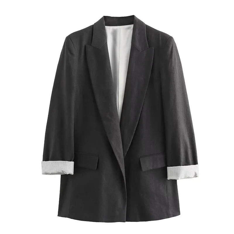 Women Fashion With Pockets Solid Blazer Vintage Notched Neck Long Sleeves Female Chic Lady Outfits