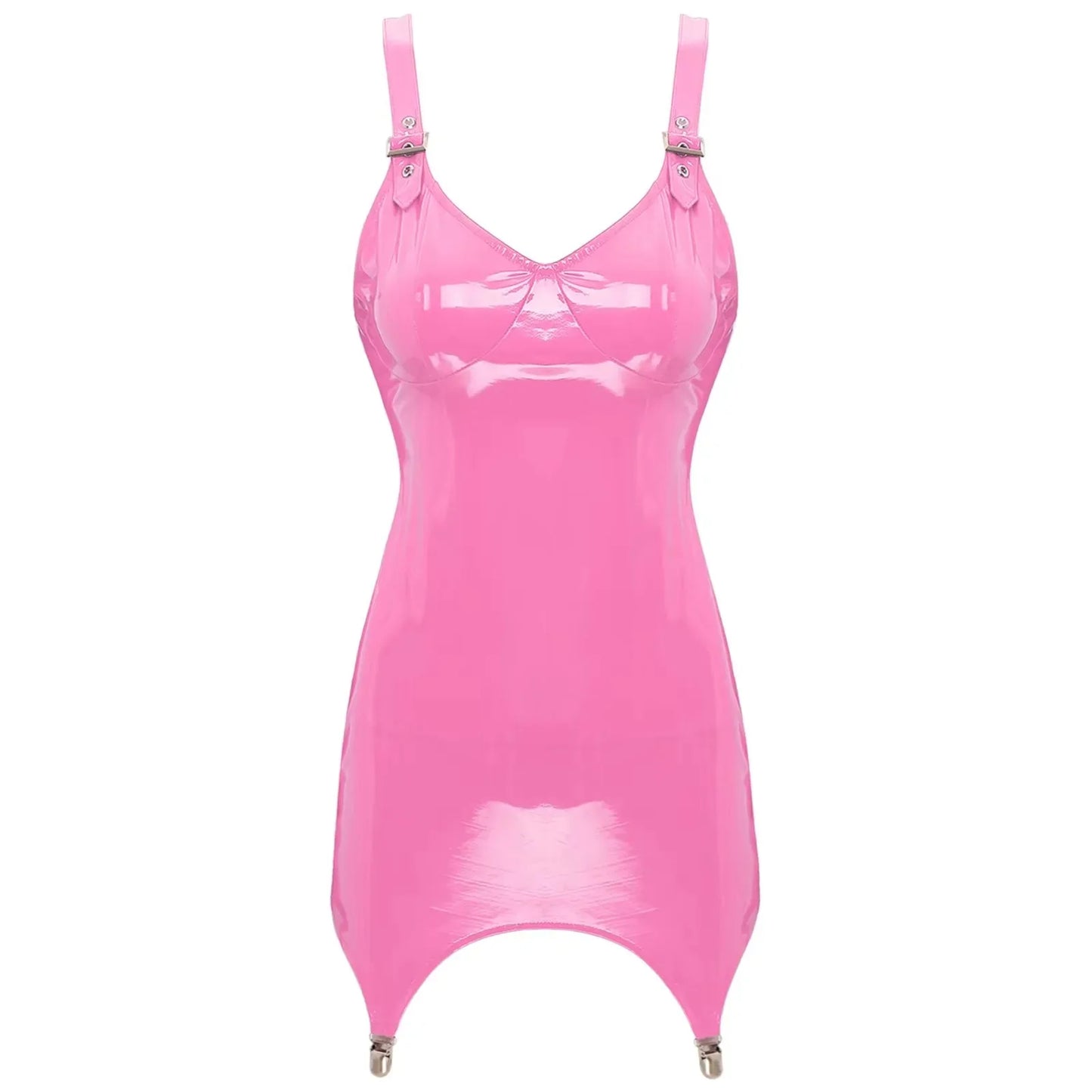 Womens Shiny Metallic PVC Leather V-Neck Mini Dress Chemise Wet Look Night Club Bodycon Babydoll Clubwear with Garter Belt