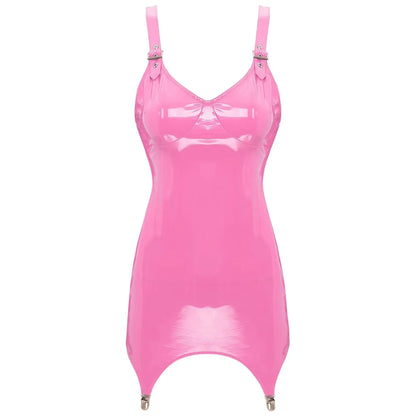 Womens Shiny Metallic PVC Leather V-Neck Mini Dress Chemise Wet Look Night Club Bodycon Babydoll Clubwear with Garter Belt