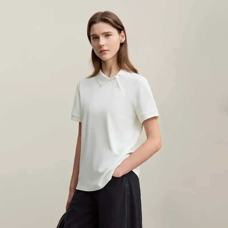 Women's Polo Shirt 2026 Summer Asymmetric Placket Short Sleeve Tee Lapel Collar Casual Layering T-Shirt For Women 12622015