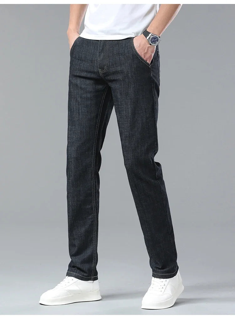 Men's Ice Silk Jeans Summer New Lyocell Thin Business Casual Denim Pants Classic All Match Slim Fit Straight Elastic Jean Male