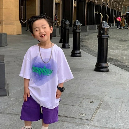 Cotton Heart Print Boys Short Sleeve T-Shirt Summer Toddler Loose Fit Baby Handsome 3-6 Years Top