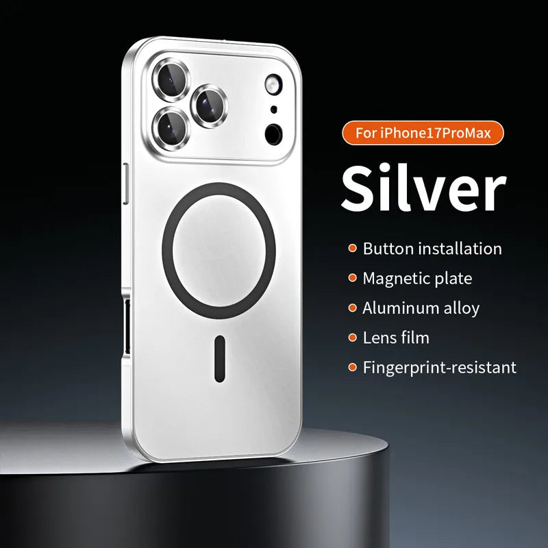 For iPhone Air, 17 Pro Max Magnetic Case ELVEV Anti-fingerprint Alloy Snap Buckle Phone Cover with Alloy Lens Ring Film