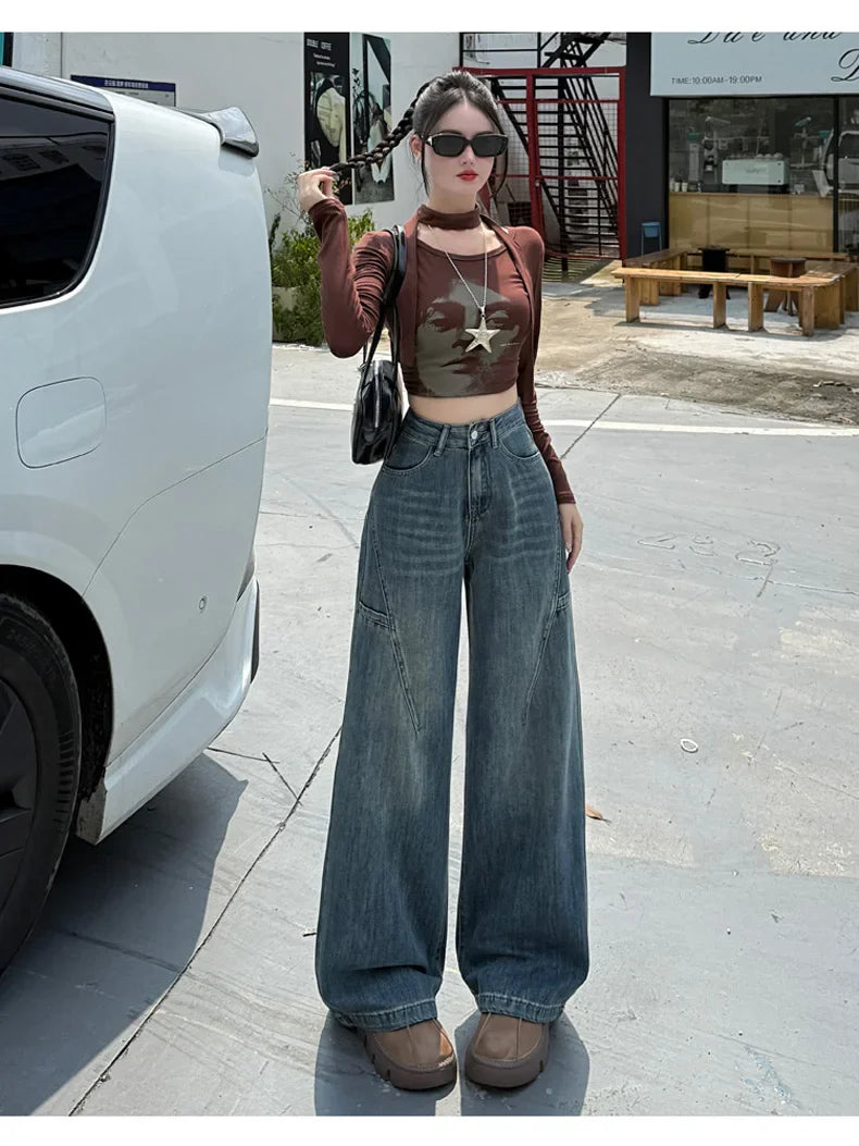 High Waisted Wide Leg Jeans Women Cotton Retro Denim Y2k Loose Fashion Design Sense Pant Streetwear Baggy Straight Trouser Woman