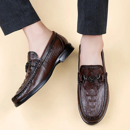 High Quality Round Toe Breathable Loafers Fashionable Brand Men's Comfortable Crocodile Patterned Casual Cowhide and Bean Shoes
