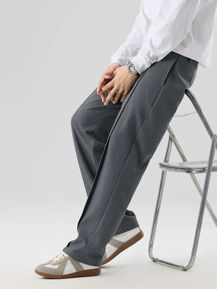 2023 New Autumn Casual Pants Men Korean Fashion Banded Waist Stretch Wide Leg Pleated Suit Slacks Straight Loose Drape Trousers