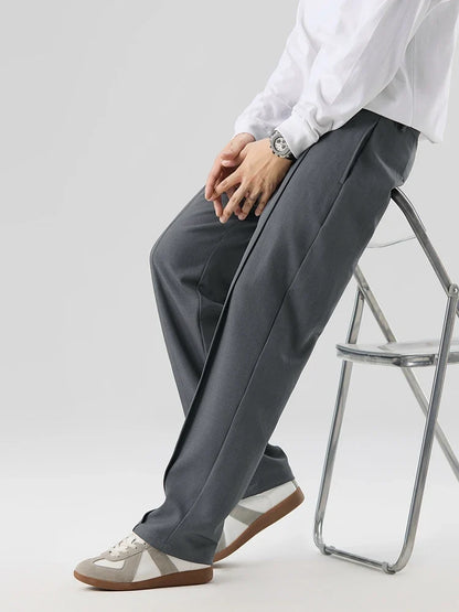 2023 New Autumn Casual Pants Men Korean Fashion Banded Waist Stretch Wide Leg Pleated Suit Slacks Straight Loose Drape Trousers