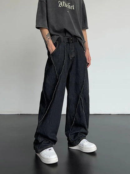 2025 Men HipHop Distressed Jeans Pants Men Ripped Patchwork Denim Pants Male Oversized Loose Casual Streetwear Wide Leg Trousers