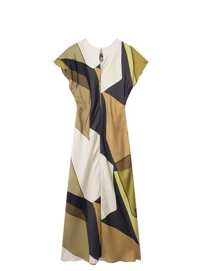 2024 Summer Women Dress Fashion Vintage Print O-Neck Midi Dress Waist Cinched Casual Chic Woman Elegant Dresses