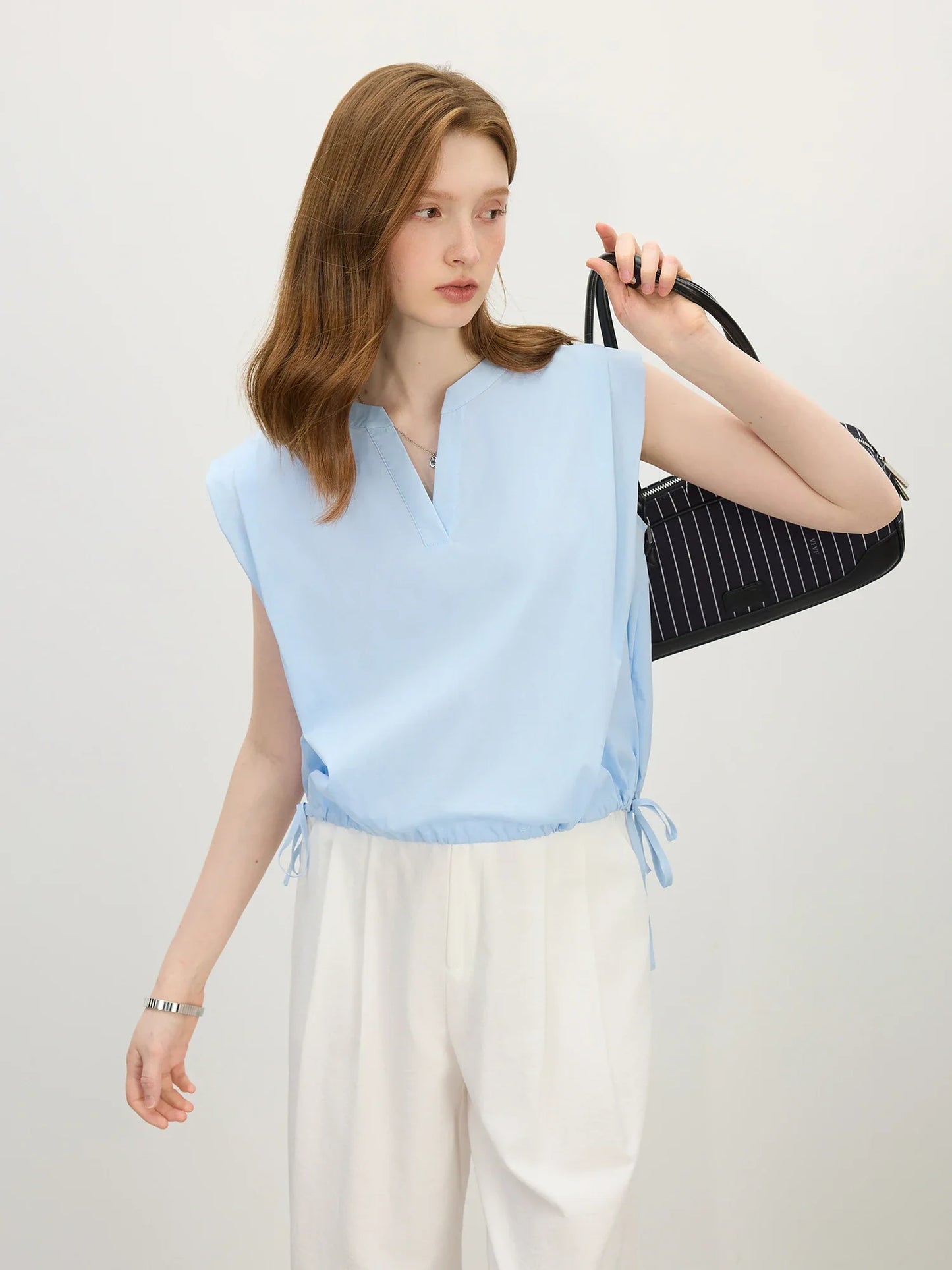 Straight Shoulder V-Neck Sleeveless Blouse - 2025 Summer New Style with Drawstring Tie Women Shirts 25FS12645