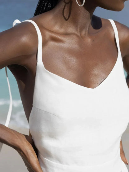 Spring Summer Beach Style Women Dress Vintage Loose A-line Sling Dress Sexy Hot Girl 100% Cotton V-neck Dress