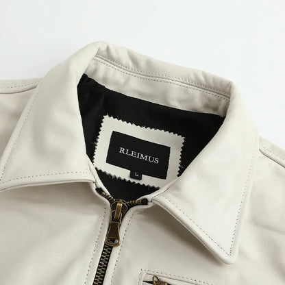 Men's Genuine Leather Jacket White Lapel Calfskin Jacket Natural Cowhide Men's Coat Slim Fit Top Layer Cowhide Biker Jacket