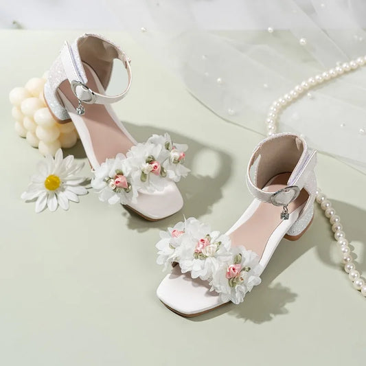 2026 Summer Kids Elegant Sandals New Sequins Girls Catwalk Shoes for Wedding Party Fashion Flower Children's Princess High Heels
