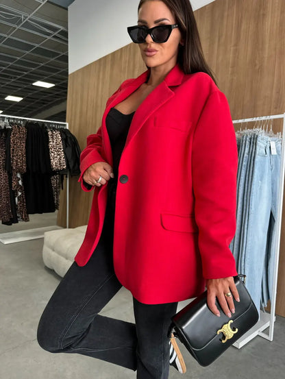 Women Casual Loose Fit Blazer Jacket Elegant Lapel Neck Long Sleeve Button Decor Office Coat For Daily Streetwear