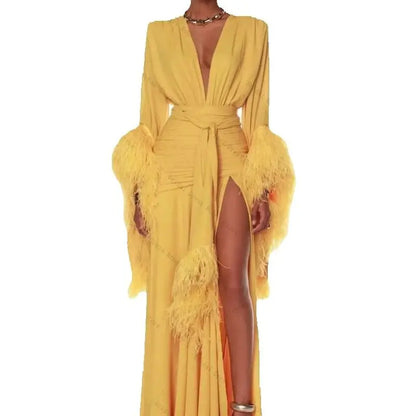 Yellow Feather Women Pregnant Prom Dress For Photo Shoot Sexy V Neck Night Gown Bridal Morning Robe Customized Long Party Skirt