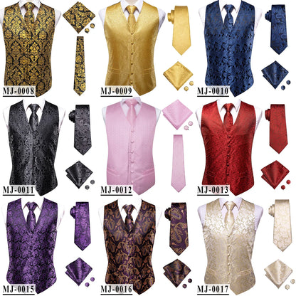 Champagne Mens Vest Tie Set Fashion Paisley Jacquard Western Waistcoat Necktie Hanky Cufflinks Wedding Business Gift Hi-Tie