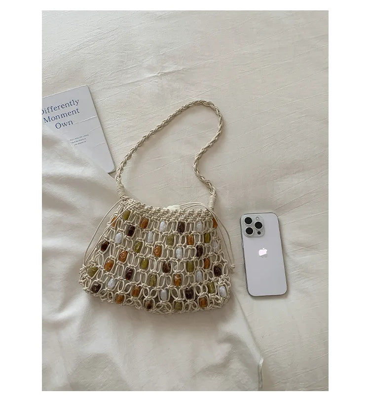 Hollow Beading Women Shoulder Bag Rope Knitting Handbags Bohemian Crochet Mesh Bags for Women Small Woven Beach Bag Flap Tote