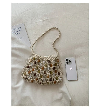 Hollow Beading Women Shoulder Bag Rope Knitting Handbags Bohemian Crochet Mesh Bags for Women Small Woven Beach Bag Flap Tote