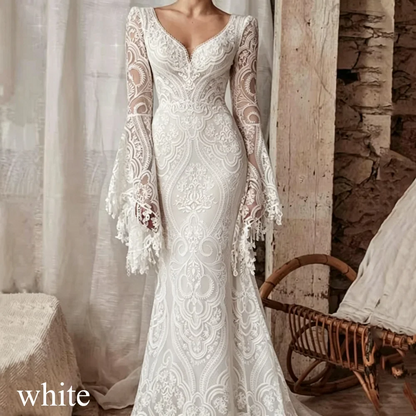 2026 Boho Mermaid Wedding Dresses Long Sleeve Pleat Sexy Lace Illusion Bridal Gown V-Neck Backless Zipper Sweep Train Customized