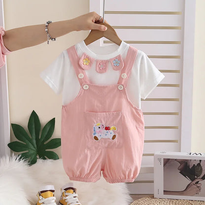 New Summer Suits for Baby Chinese Embroidery Kids Tshirt +Cartoon Horse Overalls 2pcs/sets Toddler Girl Fashion Clothing Outfits