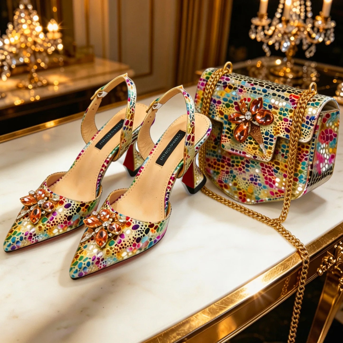 Elegant Rhinestone Heels & Matching Bag Set, Colorful Print Pointed Toe Block Heels for Banquet Club Night
