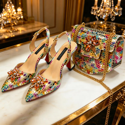 Elegant Rhinestone Heels & Matching Bag Set, Colorful Print Pointed Toe Block Heels for Banquet Club Night