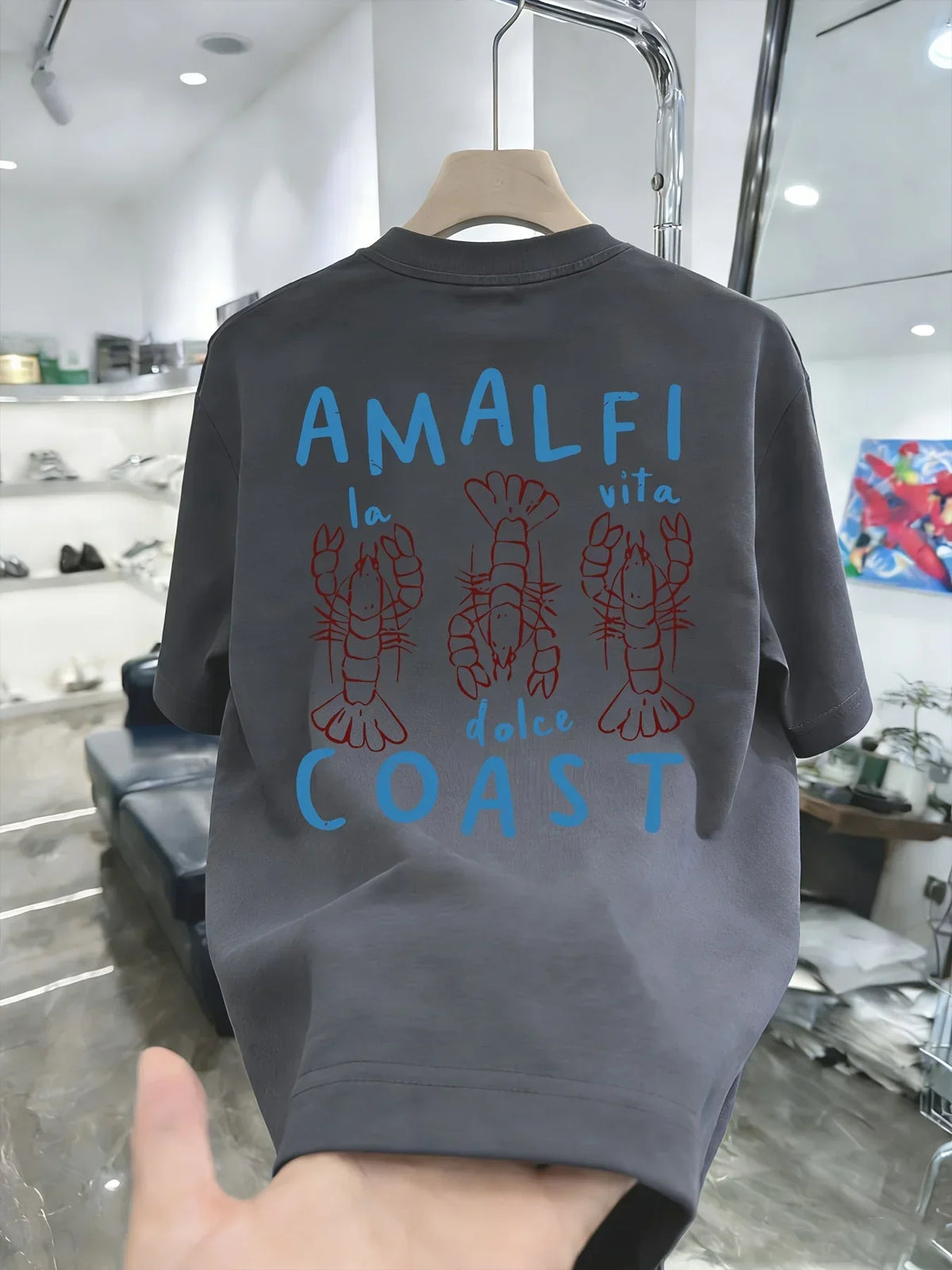 Amalfi Coast Men's T-shirt Lobster Graphic Casual Cotton Short Sleeve Tops Summer Streetwear