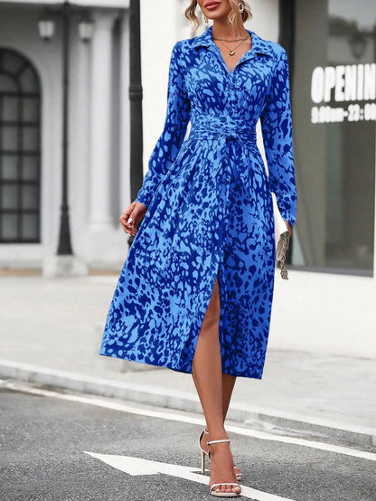 Elegant Random Print Button Down Shirt Dress Women's Long Sleeve Belted Waist Midi Dress Spring Fall Office Casual Dress